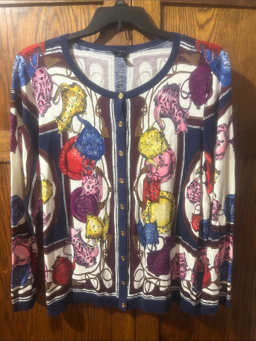 Talbots Multicolor Crewneck Cardigan with Navy Trim and gold buttons
